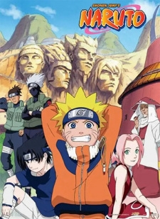 The main cast of the anime series Naruto, including Naruto Uzumaki, Sasuke Uchiha, Sakura Haruno, Kakashi Hatake, and others, stand before the Hokage monument