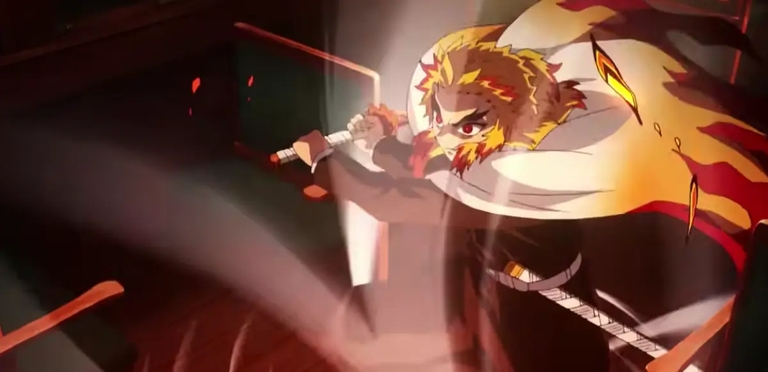 Kyojuro Rengoku in intense combat stance