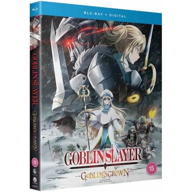 The Blu-ray cover art for Goblin Slayer: Goblin's Crown anime movie, featuring the main characters and goblins in a snowy landscape.