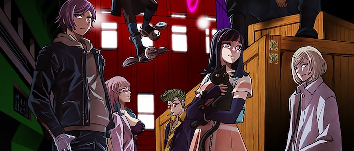 The main cast of Akudama, including the Swindler, Brawler, and Hacker, standing together in a neon-lit Kansai urban setting from the anime Akudama Drive