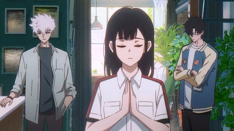 Cheng Xiaoshi, Emma, and Lu Guang from the anime Link Click, with Emma in prayer