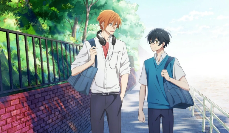 Sasaki and Miyano walking together on a sunny day