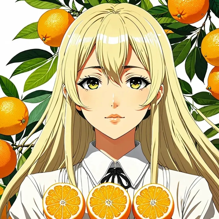 Yuzu Aihara holding sliced oranges with orange leaves background