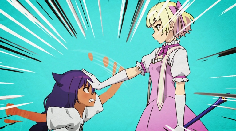 Jahy, depicted in her child-like form with purple hair, is being pushed on the head by the magical girl, Druj, wearing a pink dress in The Great Jahy Will Not Be Defeated! anime.