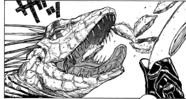 Kaiman eating gyoza in a messy, detailed panel