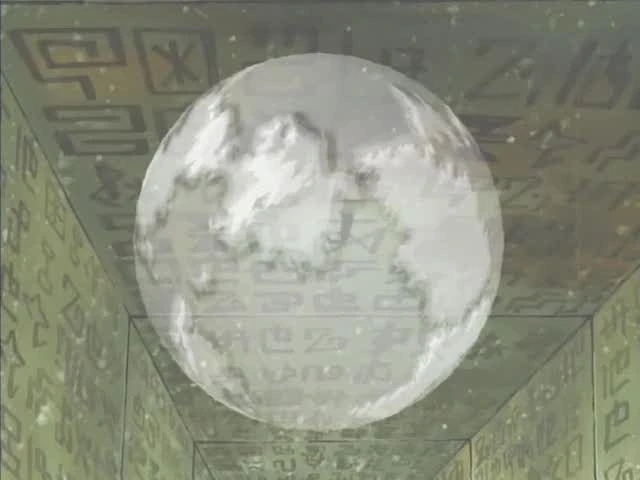 A white, spherical representation of the Digital World floating within a space featuring walls adorned with ancient symbols and code, from a Digimon anime series.