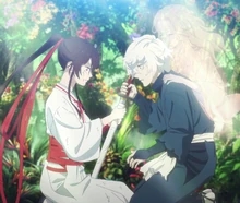 Yamada Asaemon Sagiri assisting Gabimaru as he is resolved to fight, with a faint image of his wife Yui visible in the background, in Hell's Paradise: Jigokuraku.