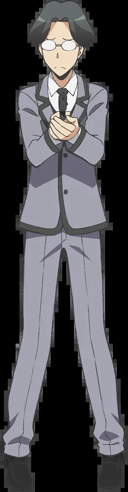 Kotaro Takebayashi the glasses-wearing explosives expert of Class 3-E aiming his gun in Assassination Classroom.