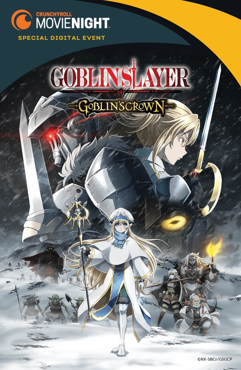 Promotional poster for Goblin Slayer: Goblin's Crown movie featuring Goblin Slayer, Priestess, Noble Fencer, and various goblins in a snowy landscape.