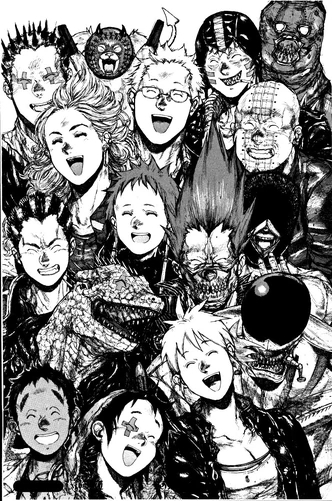 Group portrait of Dorohedoro characters with joyful expressions