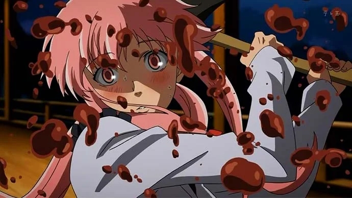 Yuno Gasai with deranged expression holding an axe