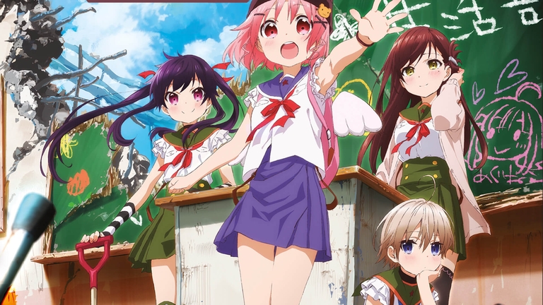 The main characters of School Live! including Yuki Takeya, Kurumi Ebisuzawa, Yuuri Wakasa, and Miki Naoki, stand in a classroom setting with signs of decay.