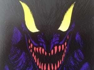 Demonic figure with yellow eyes in gritty art style