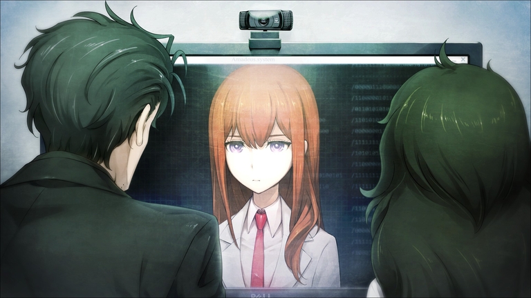 Okabe and Maho observe the Amadeus AI