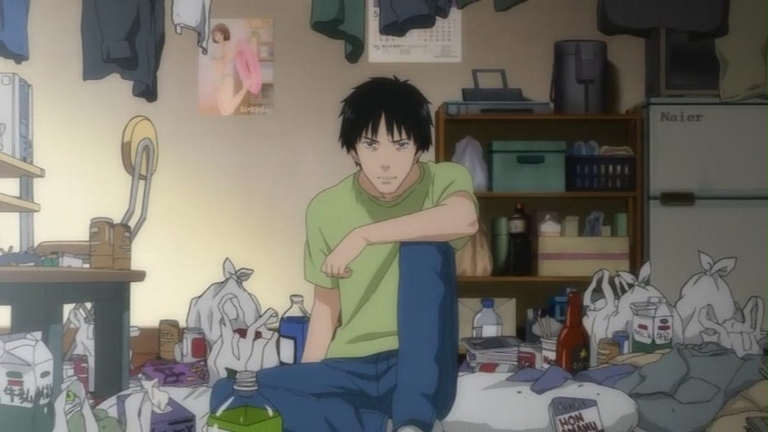 Satou, a character struggling with societal expectations and isolation, sits in his cluttered room in the anime 'Welcome to the NHK'.