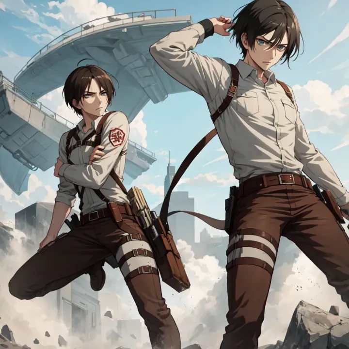 Eren Yeager and Mikasa Ackerman standing ready in Survey Corps uniforms