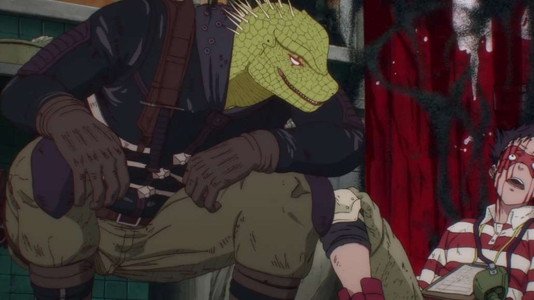 Caiman confronting a defeated sorcerer with blood on his face