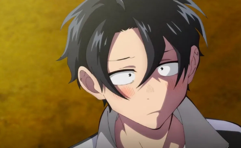 Kou Yamori looks on with a surprised and blushing expression in an anime scene from Call of the Night.