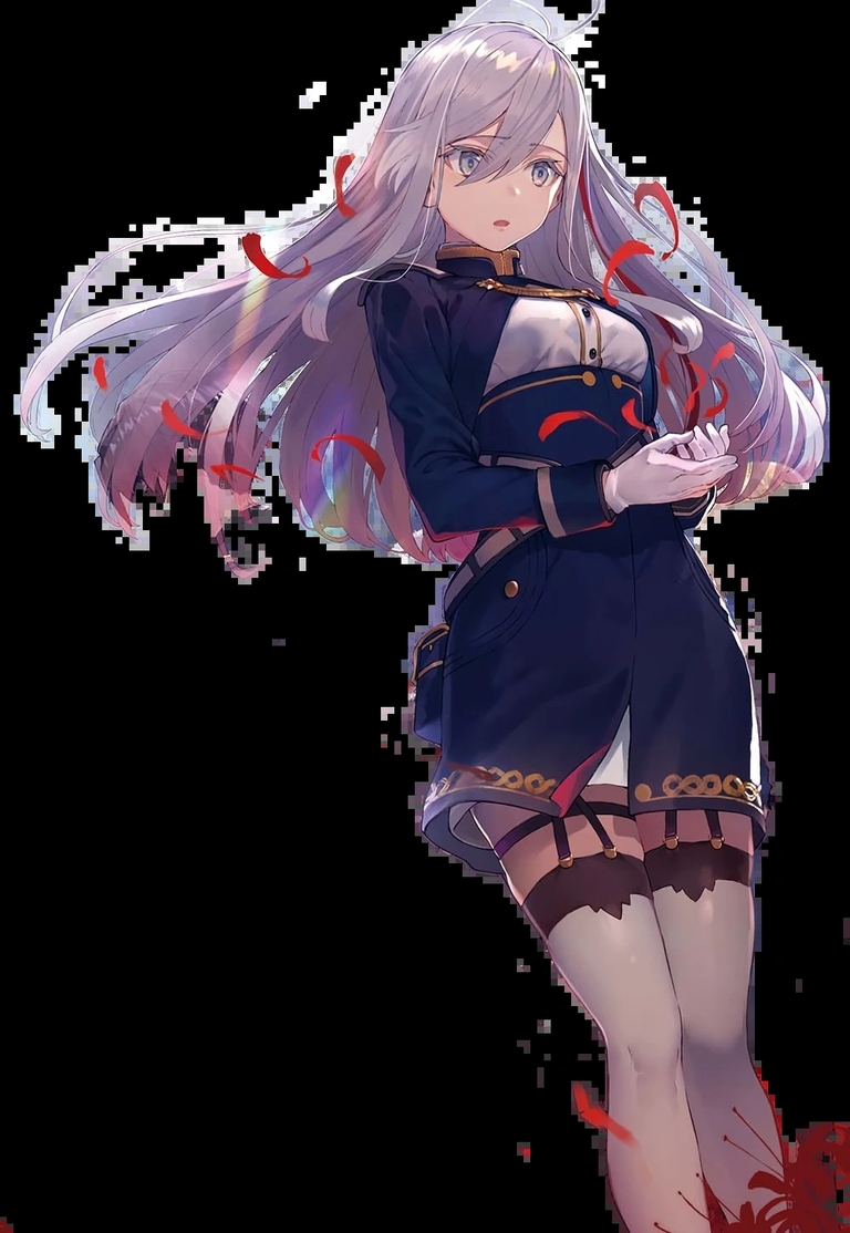 Vladilena Milizé, also known as Lena, from the anime series 86 Eighty Six, stands in her military uniform with red petals falling around her.