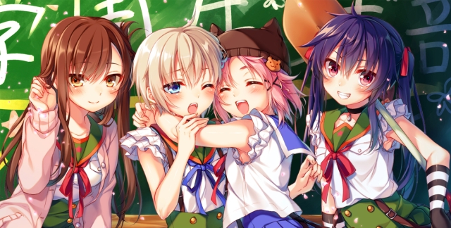 Four cheerful female students from the anime School-Live! huddle together in front of a blackboard.