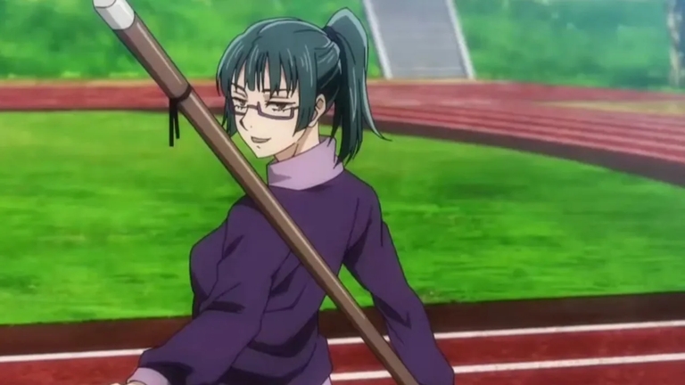 Maki Zenin wielding her polearm with a determined expression during training in Jujutsu Kaisen.