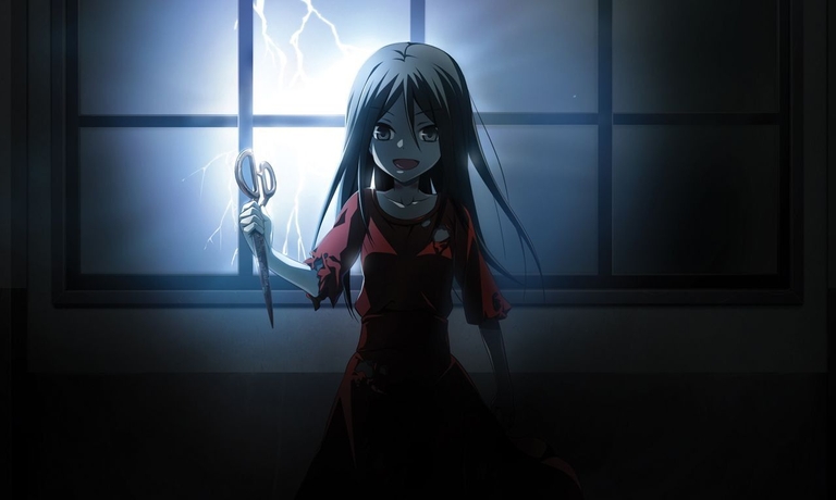 Sachiko Shinozaki with scissors and lightning