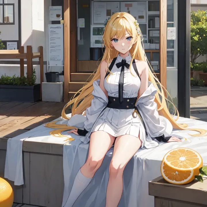 Yuzu Aihara in white dress with black bow sitting outdoors near cafe