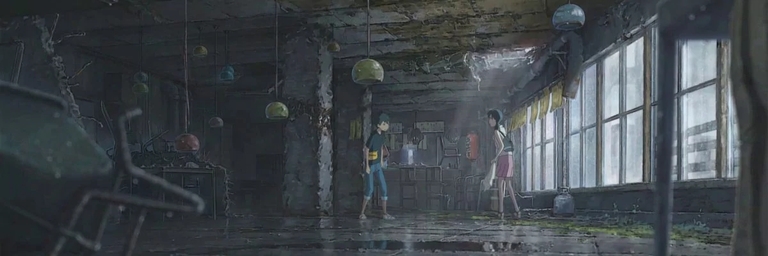 Hodaka and Hina in a derelict room