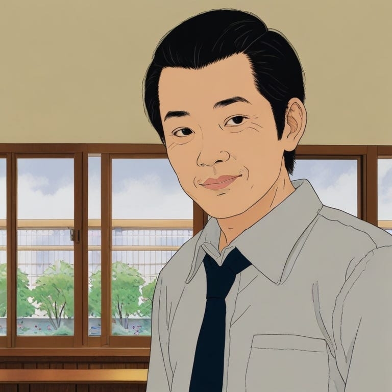 Uramichi Omota with a faint smile against classroom windows