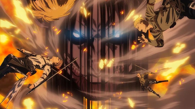 Eren Yeager in his colossal Founding Titan form surrounded by fire and smoke