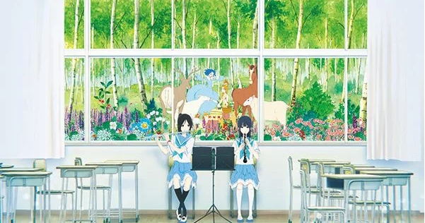Mizore and Nozomi playing instruments with storybook imagery