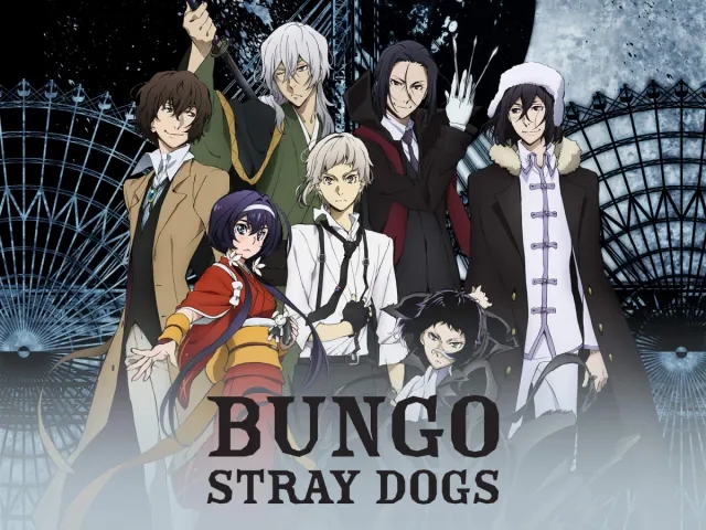 The main cast of the Bungo Stray Dogs anime, including Osamu Dazai, Atsushi Nakajima, and other prominent members of the Armed Detective Agency and Port Mafia, standing together with the series logo against a dark, stylized backdrop.