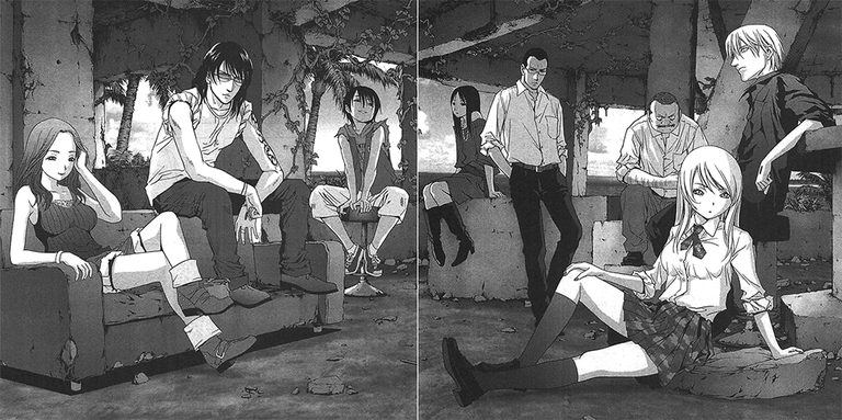 Characters in a derelict structure suggesting survival conflict