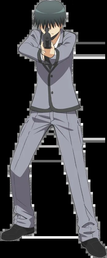 Ryunosuke Chiba the elite marksman of Class 3-E with his eyes covered by hair aiming a rifle in Assassination Classroom.