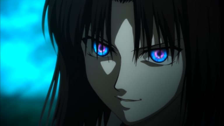 Shiki Ryougi activates her Mystic Eyes of Death Perception, glowing blue and purple, in The Garden of Sinners Chapter 1: Thanatos.