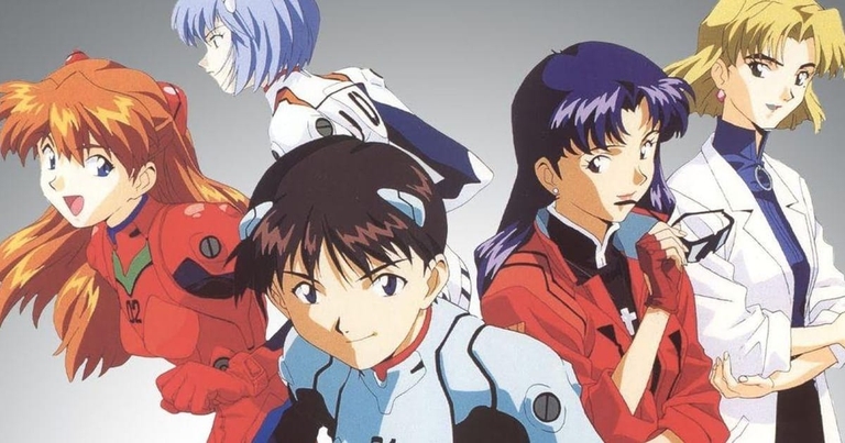 Main characters from Neon Genesis Evangelion posing in iconic outfits
