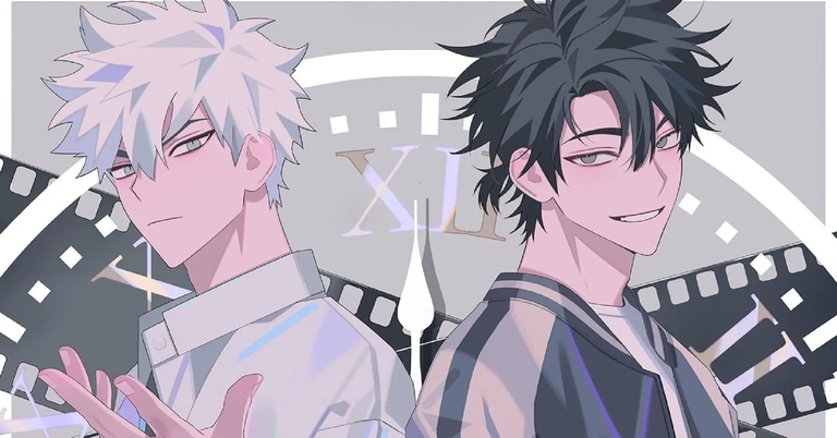 Lu Guang and Xiaoshi, the main characters of the anime Link Click, are depicted with a clock and film reel motifs in the background