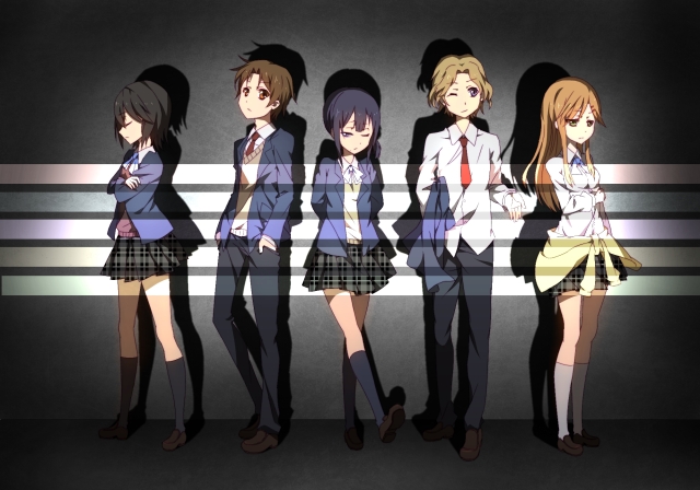 The five main characters of Kokoro Connect, Iori Nagase, Taichi Yaegashi, Himeko Inaba, Yui Kiriyama, and Yoshifumi Aoki, are shown standing together.