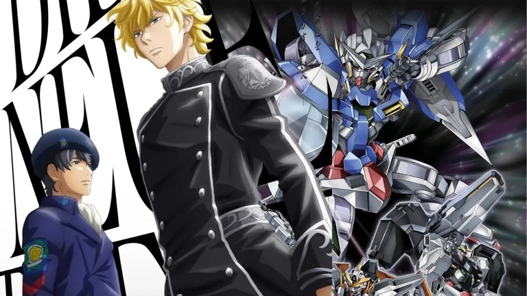 Characters from Mobile Suit Gundam: The Witch from Mercury and Mobile Suit Gundam 00 stand with their respective mobile suits in this promotional artwork.