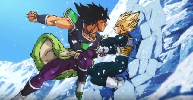Broly clashes with Vegeta during an intense battle in Dragon Ball Super: Broly.