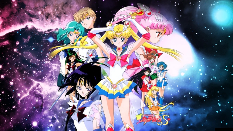 Dynamic group illustration of Super Sailor Moon and the Sailor Guardians from Sailor Moon S