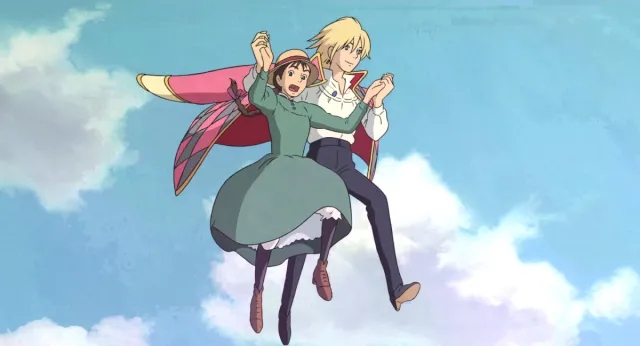 Young Sophie and the wizard Howl dance gracefully in the sky