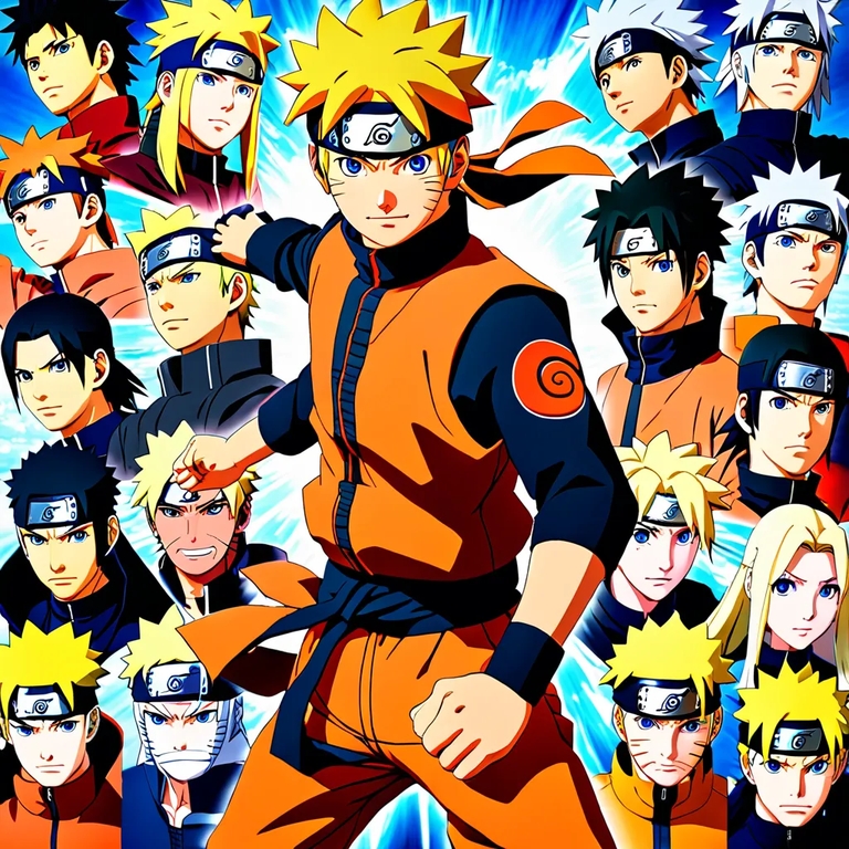 Naruto Uzumaki in his orange and black Shippuden attire, surrounded by a vibrant collage of supporting characters and antagonists from the Naruto Shippuden anime series.