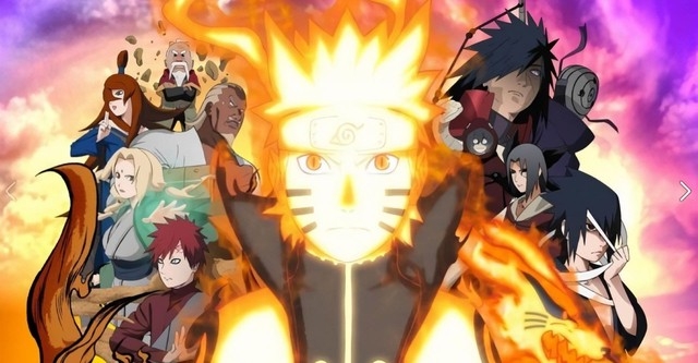 Naruto Uzumaki in his Kurama Chakra Mode surrounded by key allies and antagonists like Sasuke Uchiha and the Five Kage during the Fourth Shinobi World War in Naruto Shippuden