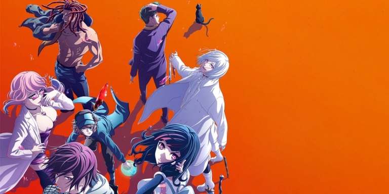 A group of characters from the anime Akudama Drive stand against an orange background, including Courier with dreadlocks, Swindler in a white coat, and others