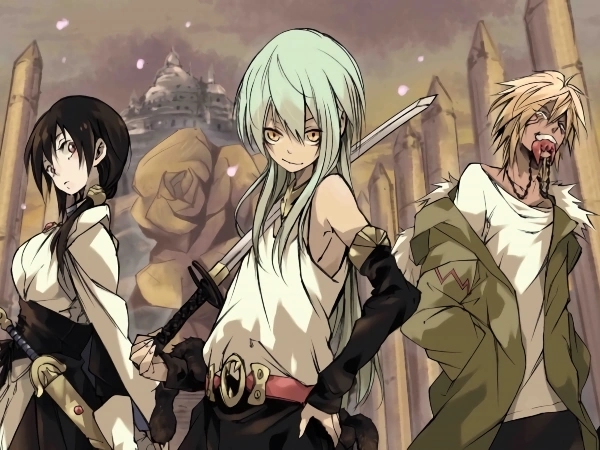 Characters standing before ancient structure