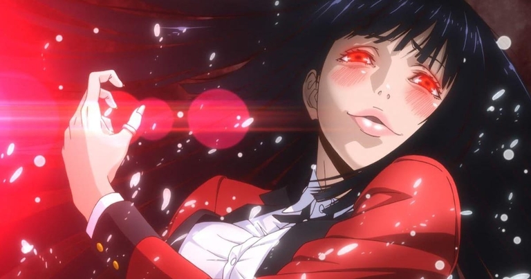 Yumeko Jabami, the protagonist of Kakegurui, with glowing red eyes and a manic grin, experiencing a moment of intense excitement during a high-stakes gamble.