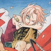Sakura Haruno from Naruto, winking and holding dango, depicted in a vibrant, stylized art style