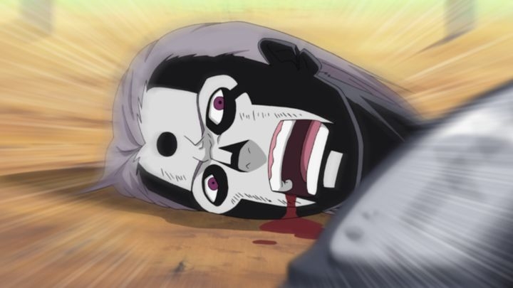 Hidan's severed head lies on the ground, bleeding, after being decapitated by Asuma in Naruto Shippuden.