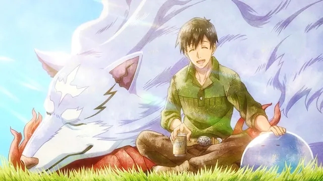 Mukouda sitting in a grassy field with Fel and Sui